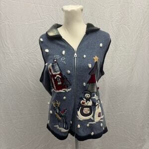 Vintage Blue Embroidered Knit Christmas Vest
